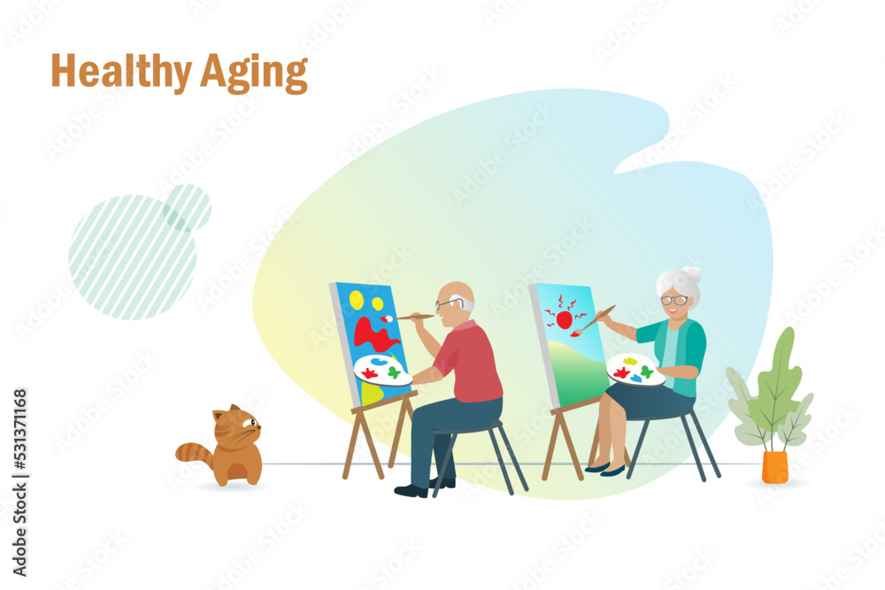 Fototapeta premium Healthy aging, senior lifestyle. Happy elderly couple painting canvas for relaxation and recreation activities.