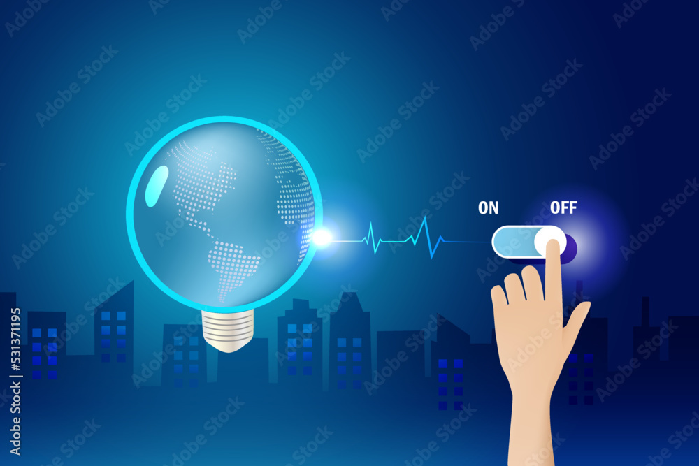 Energy crisis, earth hour concept. Hand switch off globe lightbulb to save energy. World