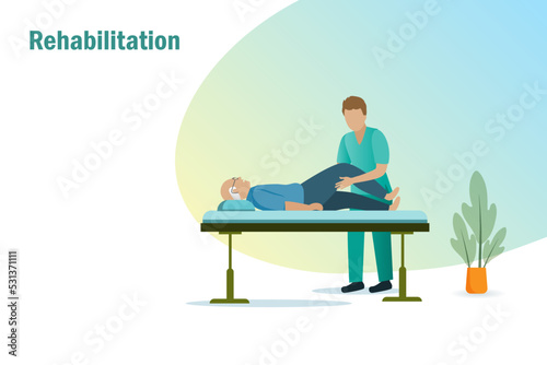 Rehab therapy for senior. Physiotherapist, rehabilitation doctor diagnosis elderly man leg on bed. Rehabilitation, physiotherapy and medical healthcare, recovery from trauma or injury.