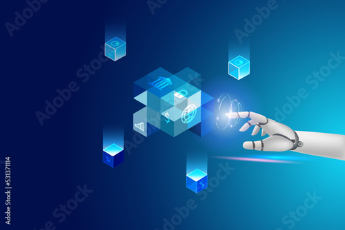 Robot hand touch financial and banking block chain networking. Artificial intelligence innovation technology for secure transaction system digital banking.