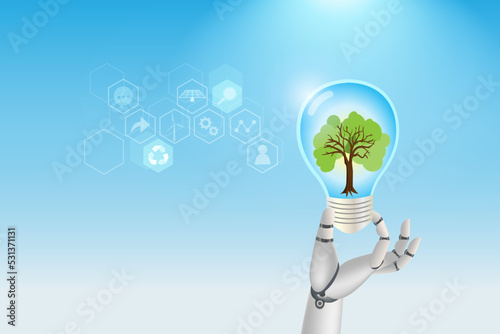 Robot hand hold lightbulb with green tree growing. Artificial intelligence innovation technology develop solution for sustainable environment and nature protection.