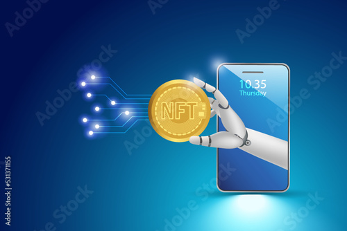Robot hand holding NFT non fungible token on smartphone.  NFT digital coin for collectible digital art  technology in futuristic background.