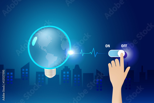 Energy crisis, earth hour concept. Hand switch off globe lightbulb to save energy. World environment day, earth day, sustainable environment.