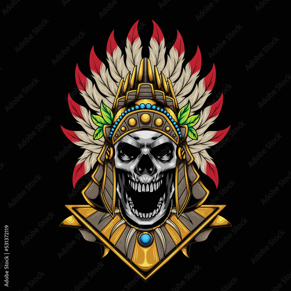 Vector illustraion of aztec skull warrior with vintage style drawing ...