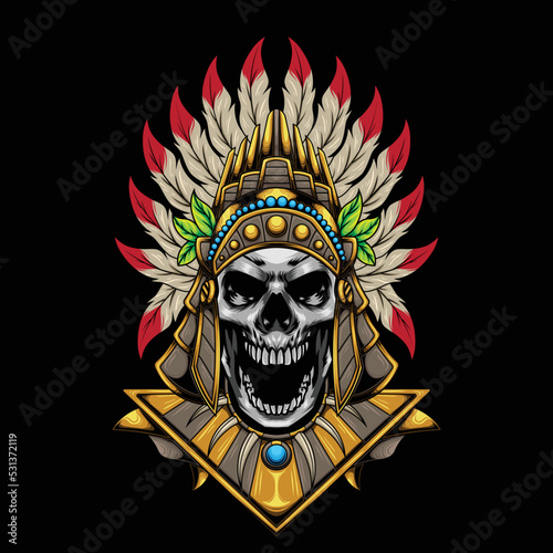 Vector illustraion of aztec skull warrior with vintage style drawing