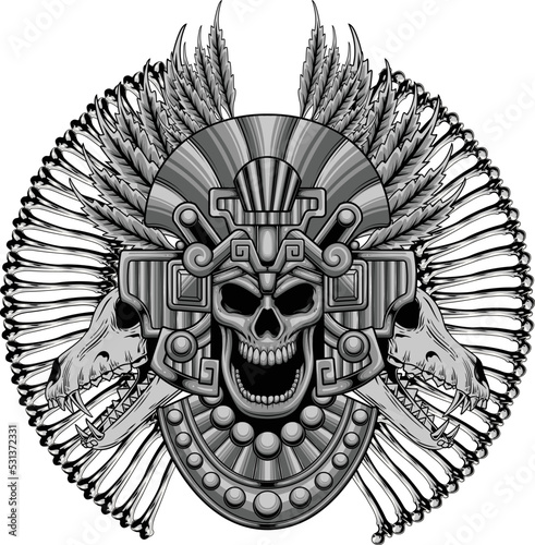 Vector illustraion of aztec skull warrior with vintage style drawing