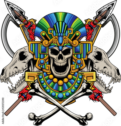 Vector illustraion of aztec skull warrior with vintage style drawing