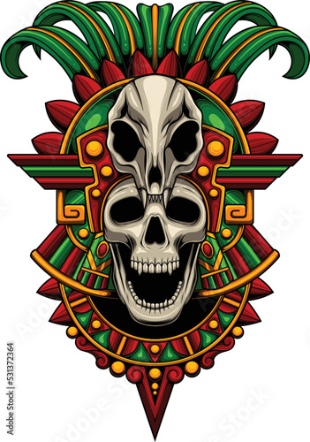 Vector illustraion of aztec skull warrior with vintage style drawing