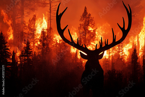 Bull Elk Fleeing a Forest Fire