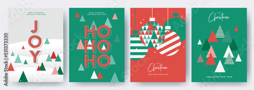 Merry Christmas and Happy New Year Set of greeting cards, posters, holiday covers. Modern Xmas design with triangle firs pattern in green, red, white colors. Christmas tree, ball, decoration elements