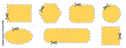 Coupon cut with scissors icon set. Discount line yellow border. Silhouette web banner. Paper school frame. Price sign. Cinema festival ticket label. Sale template. Clipart design. Vector illustration