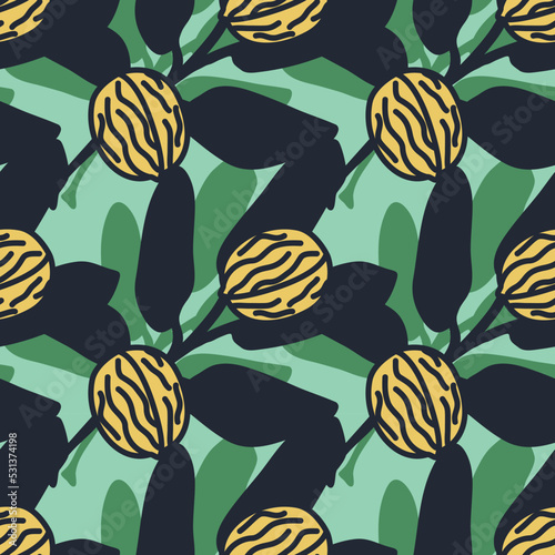 Seamless pattern with walnuts on a background of leaves. Walnut harvest. Illustration in a flat, contour, cartoon style. Design element for product packaging with walnuts and printing on textiles.