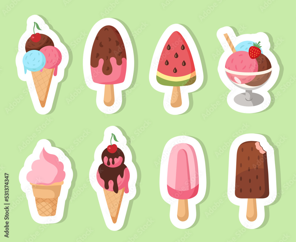 Set of stickers with ice cream on a separate background Set of stickers with ice cream on a separate background