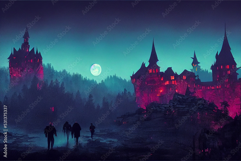 3D render of Dracula castle is lit in a forest at night with a full moon. Digital illustration