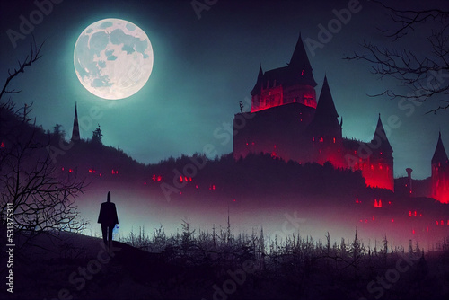 Photo 3D render of Dracula castle is lit in a forest at night with a full moon