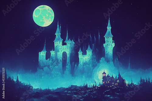 Foto 3D render of Dracula castle is lit in a forest at night with a full moon