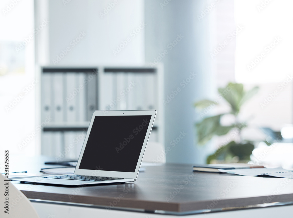 Empty office space and laptop or screen on a desk of software coding, cybersecurity and technology company or business. Creative SEO, social media and digital notebook at advertising marketing agency Empty office space and laptop or screen on a desk of software coding, cybersecurity and technology company or business. Creative SEO, social media and digital notebook at advertising marketing agency