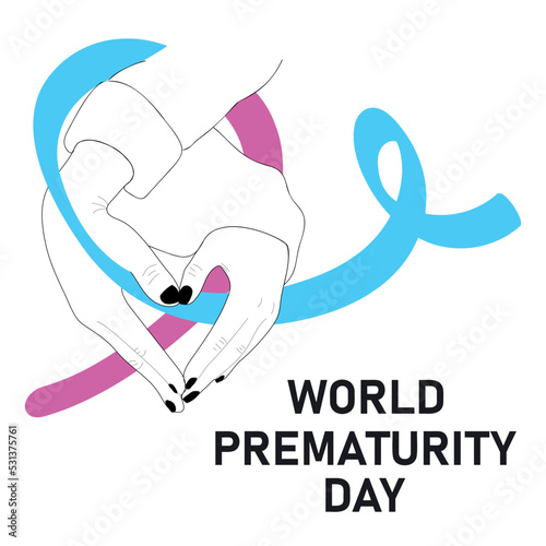 World Prematurity Day with Pink and Blue Ribbon. Vector cartoon illustration of  hands with a heart shape holding a ribbon.