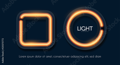 Shining neon square and circle banner set. Simple light element collection on blue background. Golden light.