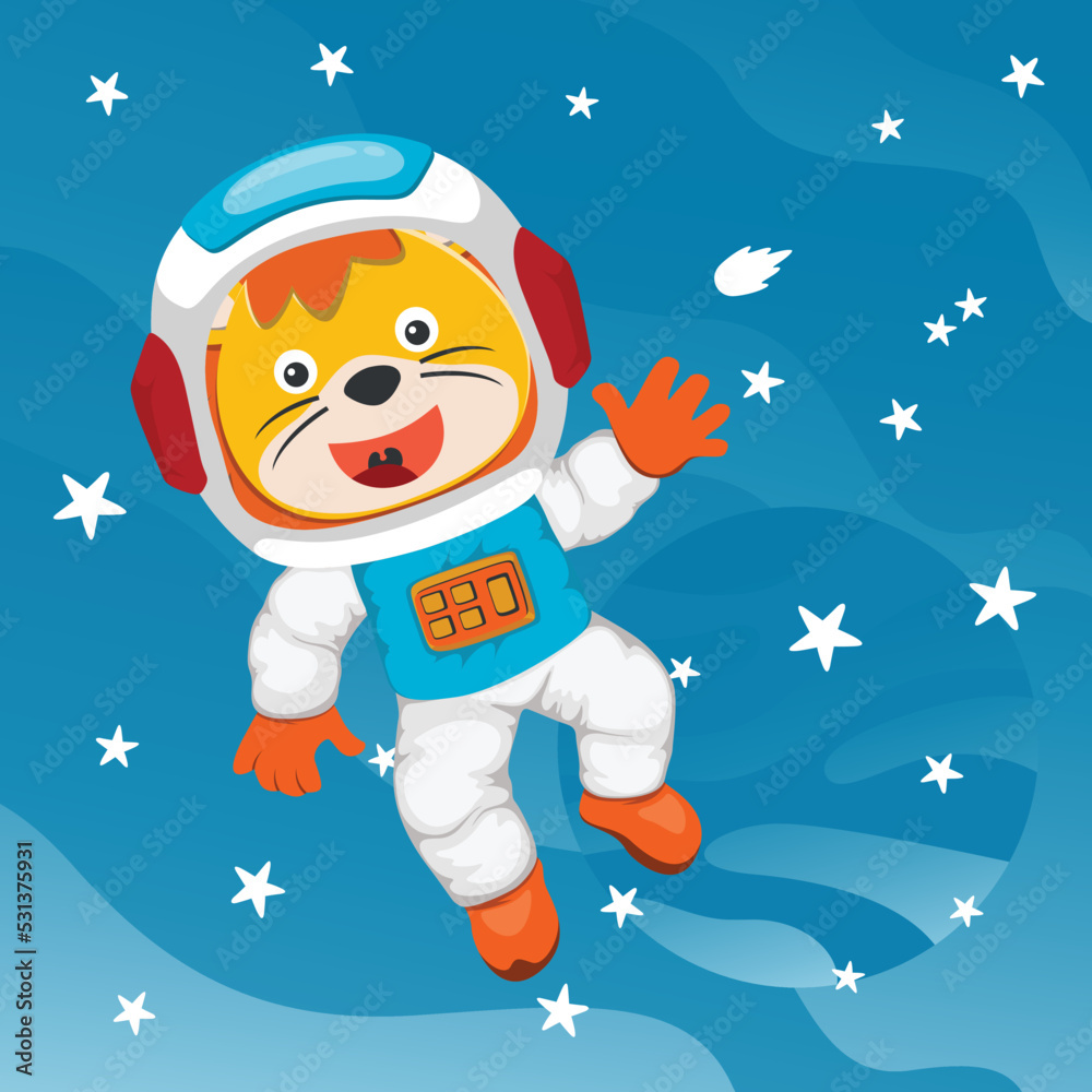 Fototapeta premium Cute cosmonaut lion in a spacesuit flies in outer space. Vector illustration on the space theme in cartoon style.