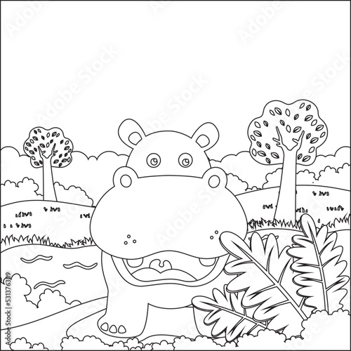 Cute little hippo play around swamp.  Creative vector Childish design for kids activity colouring book or page.