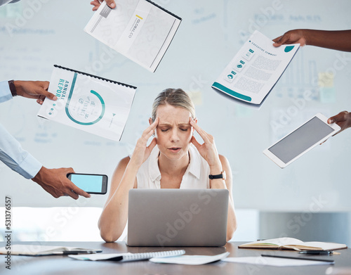 Business woman stress, anxiety and mental health burnout in busy, challenge crisis and frustrated office workplace. Worker headache, poor time management and tired from job pain problem and tax audit photo