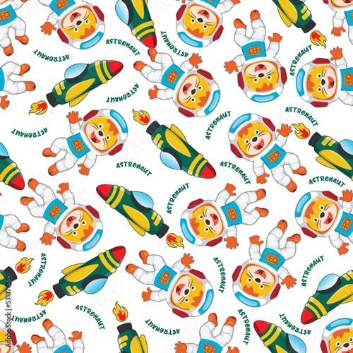 Childish seamless pattern with cute lion astronaut on space. Can be used for t-shirt print, Creative vector childish background for fabric textile, nursery wallpaper and other decoration.