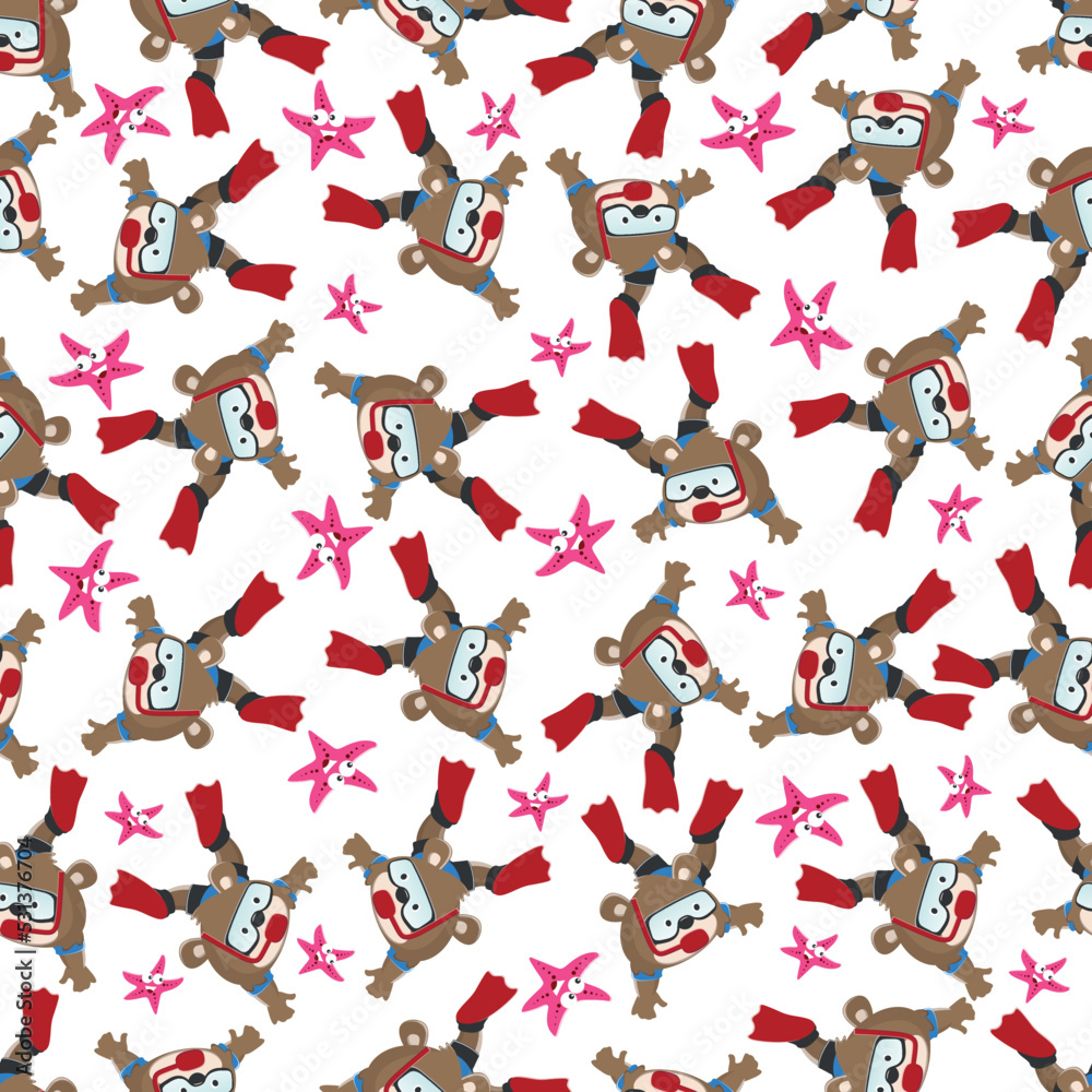 Seamless pattern texture with little fox swim in underwater. For fabric textile, nursery, baby clothes, background, textile, wrapping paper and other decoration. Seamless pattern texture with little fox swim in underwater. For fabric textile, nursery, baby clothes, background, textile, wrapping paper and other decoration.