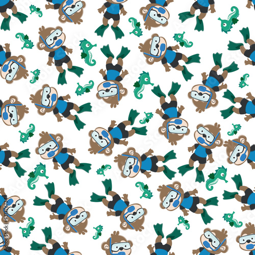 Seamless pattern texture with little fox swim in underwater. For fabric textile, nursery, baby clothes, background, textile, wrapping paper and other decoration. © Hijaznahwani