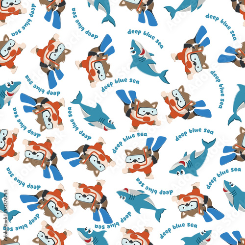 Seamless pattern texture with little fox swim in underwater. For fabric textile, nursery, baby clothes, background, textile, wrapping paper and other decoration.