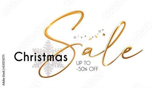Christmas sale banner with 3D realistic gold metal text