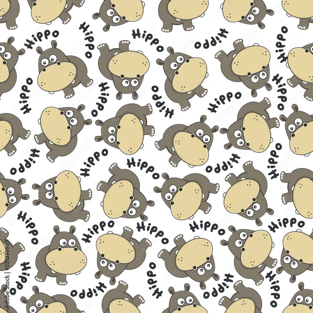 Obraz premium cute little hippo play around swamp. Design concept for kids textile print, nursery wallpaper, wrapping paper. Cute funny background.