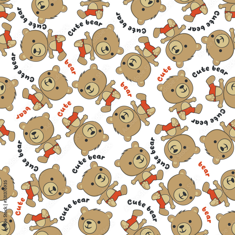 Obraz premium Cute little bear run in Africa Funny Kid Graphic Illustration. Design concept for kids textile print, nursery wallpaper, wrapping paper. Cute funny background.