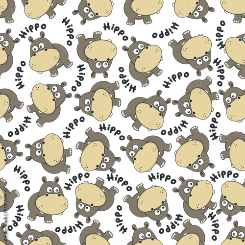 Fototapeta Naklejka Na Ścianę i Meble -  cute little hippo play around swamp. Design concept for kids textile print, nursery wallpaper, wrapping paper. Cute funny background.