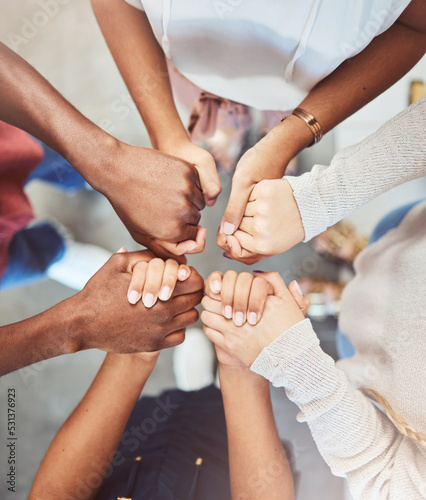 Support, prayer and trust with people holding hands in counseling for mental health, wellness or teamwork. Worship, hope and community group therapy for help, solidarity or spiritual faith from above