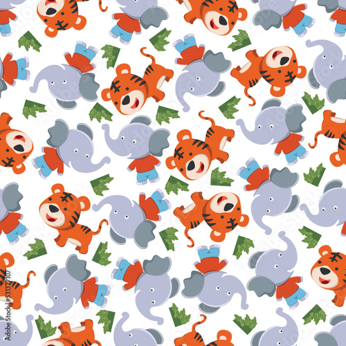 Cute elephant and tiger runs in Africa Funny Kid Graphic Illustration. Design concept for kids textile print, nursery wallpaper, wrapping paper. Cute funny background.