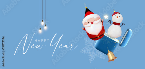 Merry Christmas and Happy New Year celebration with 3D Santa Claus character, golden bell and gift box