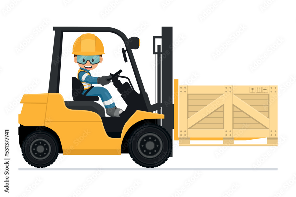 Industrial worker carefully driving a forklift. Yellow fork lift truck