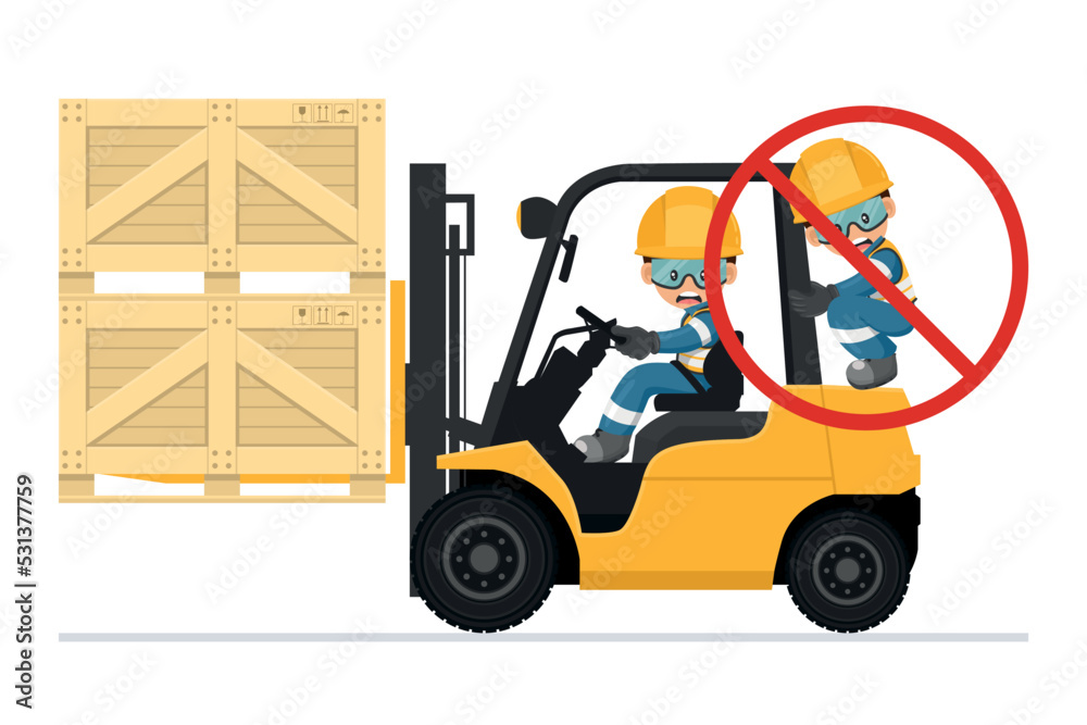 Transporting people on the forklift is prohibited. Fork lift truck transporting a wooden box packing pallet. Work accident in a warehouse. Security First. Industrial Safety and Occupational Health