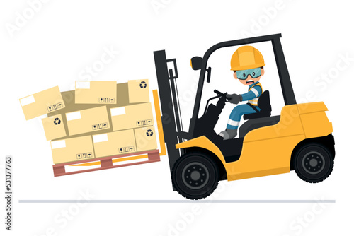 Dangers of driving a forklift. Industrial worker in an accident with boxes falling on the fork lift truck. Work accident in a warehouse. Security First. Industrial Safety and Occupational Health