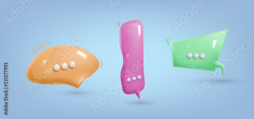 3d plastic speech bubble. Realistic set of cartoon comic glossy bubblebox. Chatting box, message box, web.