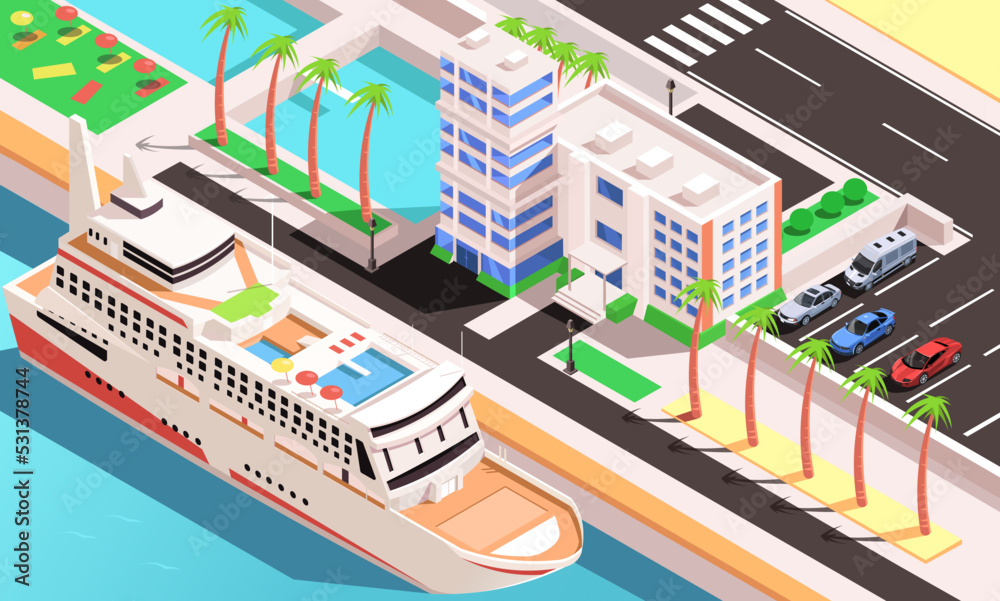 Big cruise liner with pool and spa parked in city port, harbor. Marine journey in touristic hotel at large ship, vessel. Voyage liner, yacht waiting people with tickets. isometric vector illustration