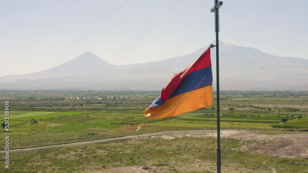 Aerial view of Armenian flag against Mountain Ararat
