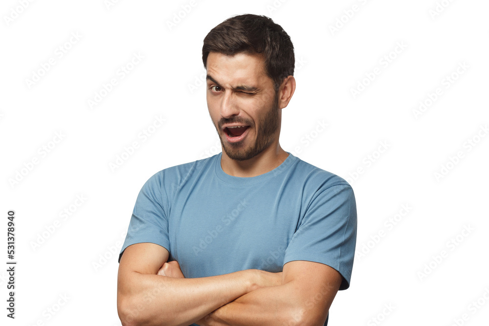 Studio shot of young man winking while flirting Studio shot of young man winking while flirting