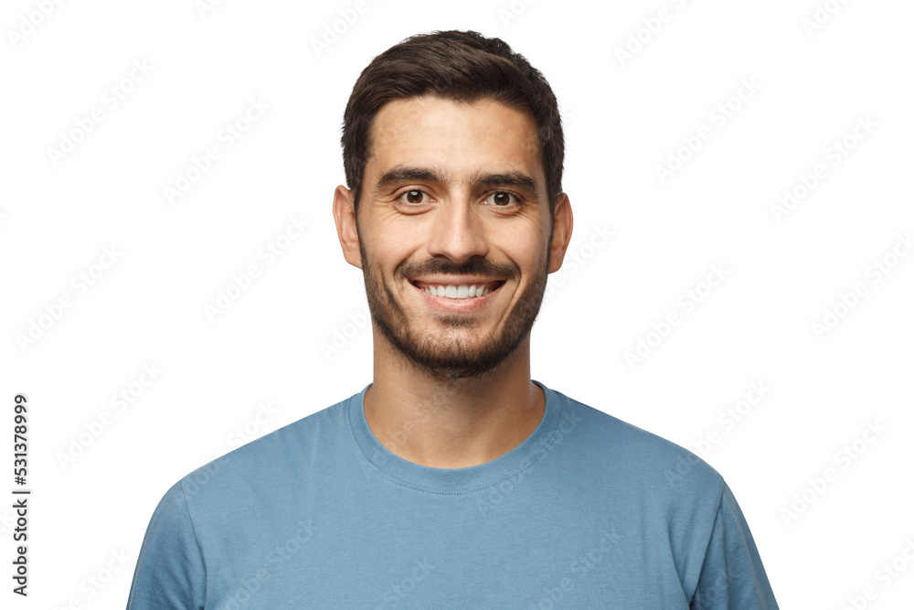 Close up portrait of young smiling handsome guy in blue t-shirt isolated Close up portrait of young smiling handsome guy in blue t-shirt isolated