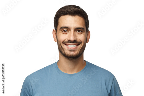Close up portrait of young smiling handsome guy in blue t-shirt isolated