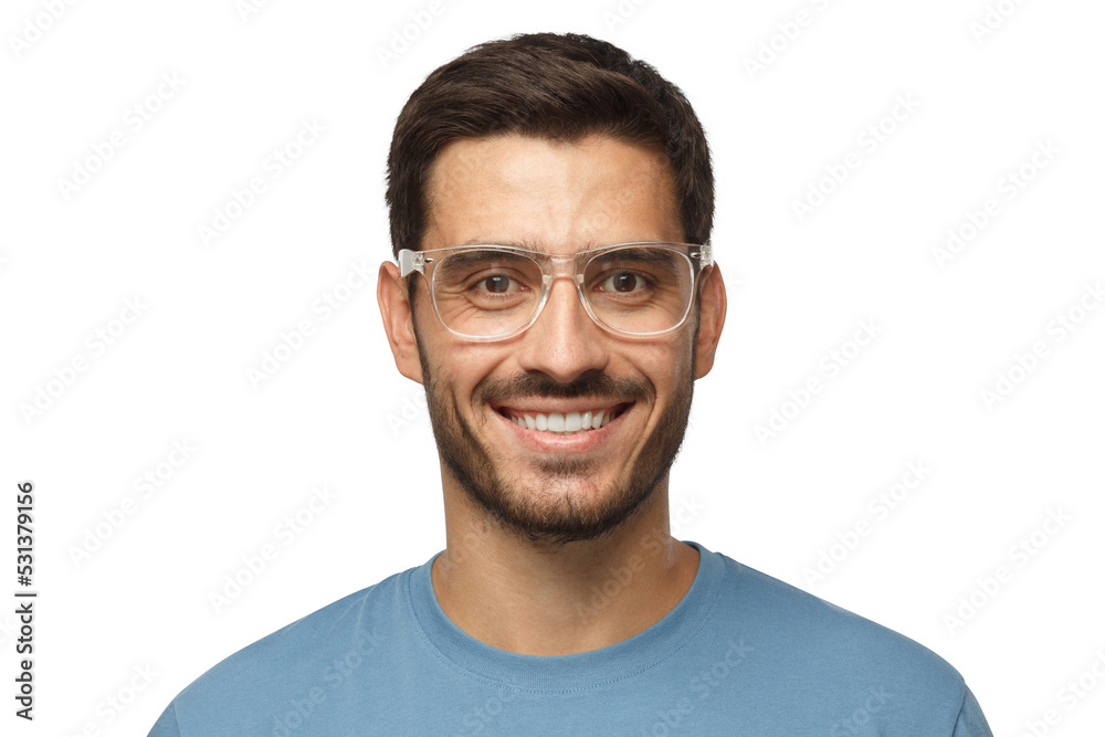 Smiling modern nice guy in blue t-shirt and trendy trasparent eyeglasses Smiling modern nice guy in blue t-shirt and trendy trasparent eyeglasses