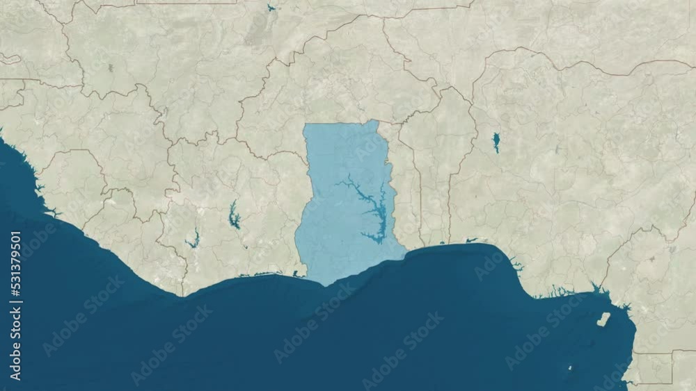 Zoom in to the map of Ghana with text, textless, and with flag