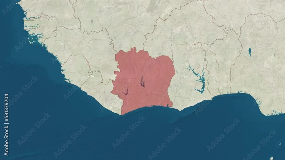 Zoom in to the map of Ivory Coast with text, textless, and with flag