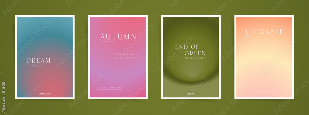 Gradient neon poster design set for background, placards, banners, book and notebooks. Blurry decorative banners. Duotone autumn layouts, cute typography creatives.